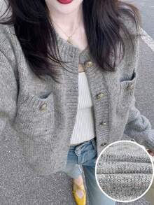 女士针织开衫，柔软舒适，优雅气质，春秋季 - 灰色 - 查看 3