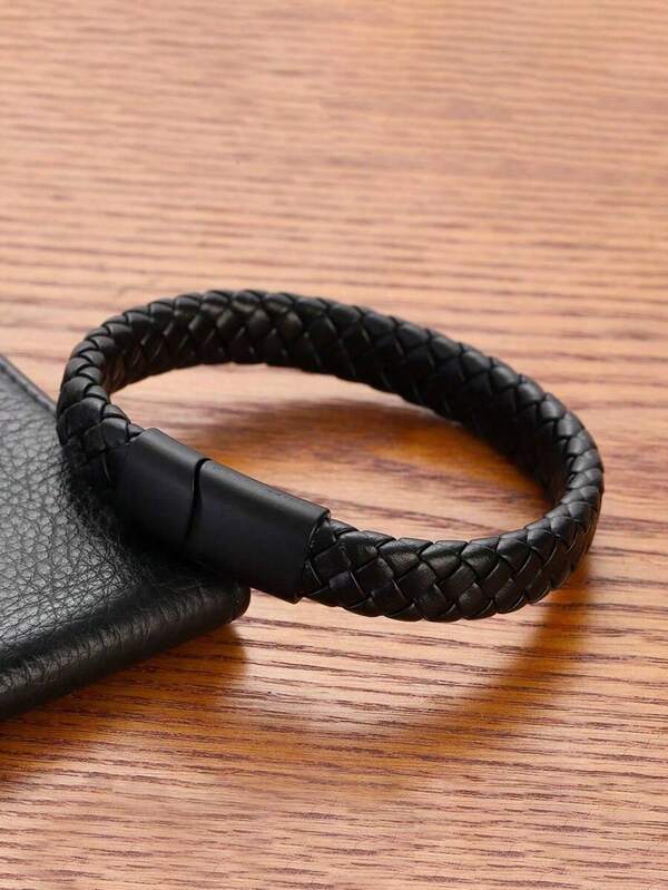 1pc Pure Black Matte Finish Black Buckle Men's Pu Leather Bracelet, Titanium Steel Punk Braided Wristband