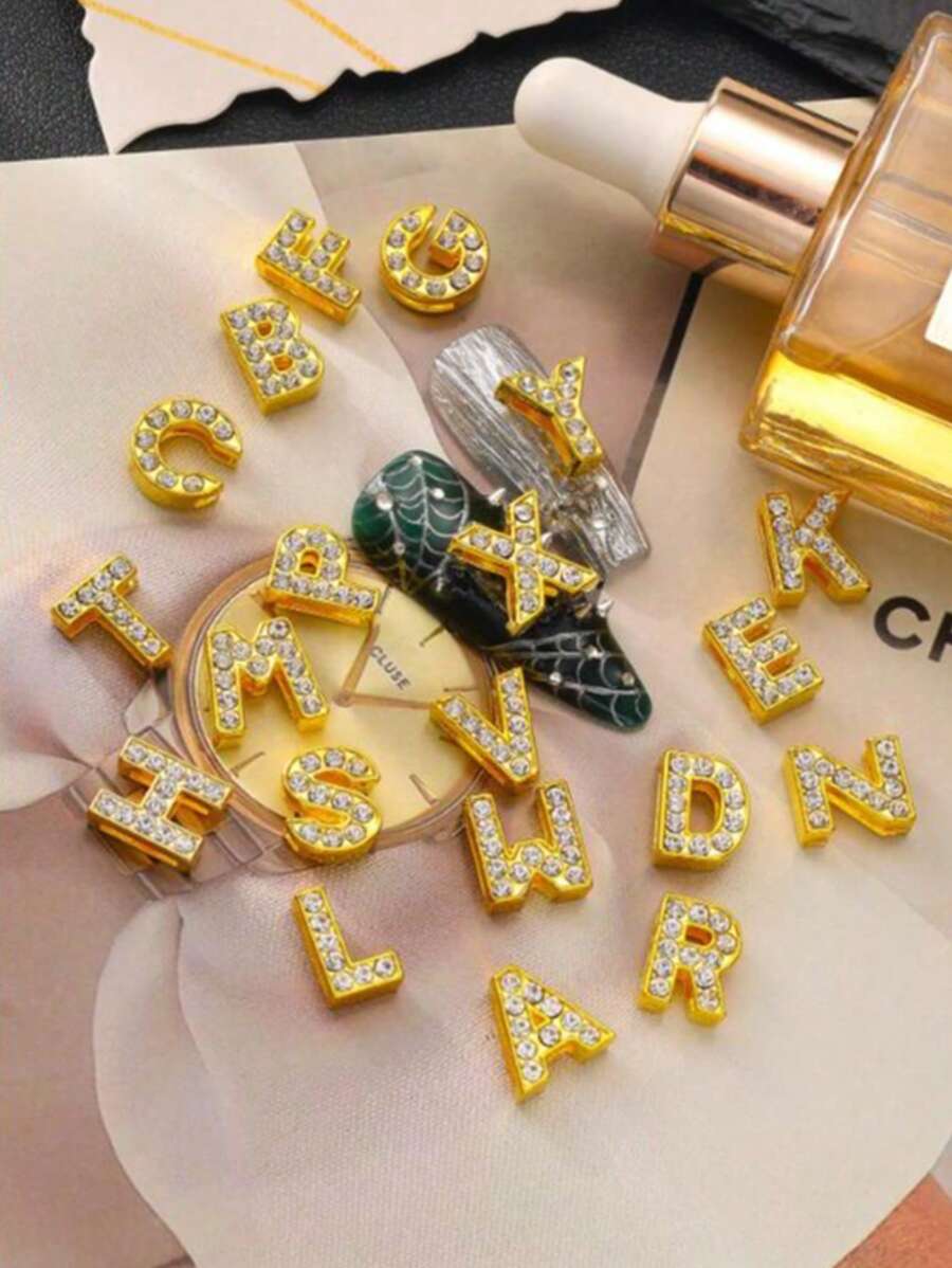 26 件/包 3D 欧美风格水钻合金英文字母美甲装饰，Y2K 金属风格 DIY 大号美甲配件，可组合 3D 艺术字母指甲钻石首饰指甲饰物美甲用品指甲宝石