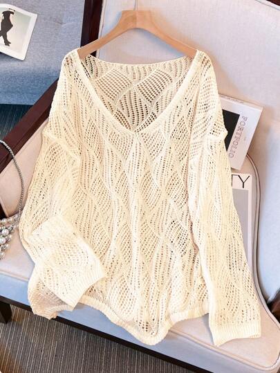 Women's V-Neck Hollow Diamond Pattern Loose Knit Cover Up, Stylish Cover-Up For Beach, Resort Wear In Early Autumn