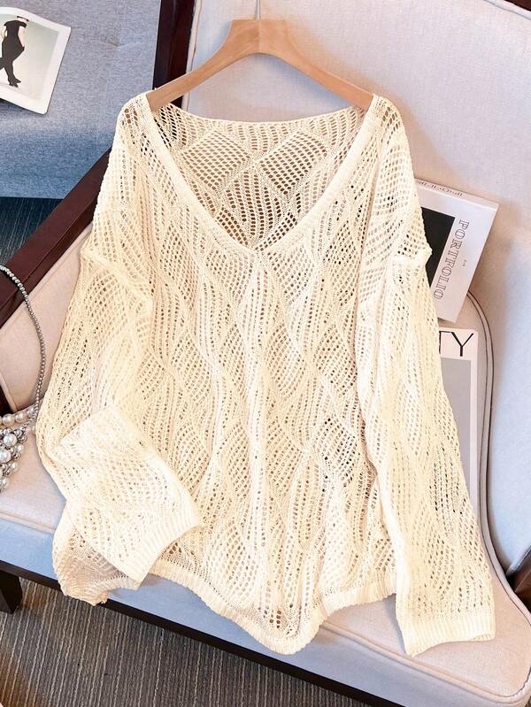Women's V-Neck Hollow Diamond Pattern Loose Knit Cover Up, Stylish Cover-Up For Beach, Resort Wear In Early Autumn