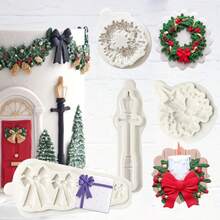 New Christmas Silicone Mold Bow Wreath Christmas Cake Decoration, Large & Small Lamp Post Decor, European Style Doorway, DIY Chocolate Baking Mold - Light Grey - View 2