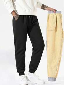 Platform Strict Selection - Men's Winter Casual Sport Running Pants, Adjustable Waist Drawstring Solid Color Long Pants, Suitable For Gym Workouts, Running, Training, Etc. - Black - View 1