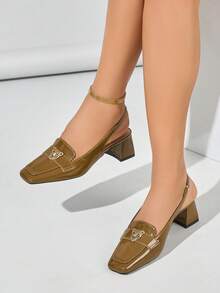 French Style Closed Toe New Elegant Solid Color Low Vamp Women's Chunky Heel Sandals - Khaki - View 4