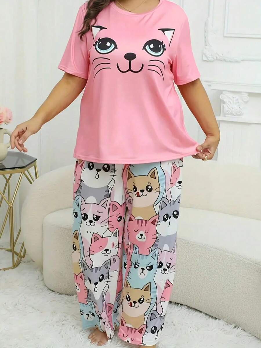 3-Piece Plus Size Cartoon Cat Round Neck Short Sleeve Pajama Set - Nhiều màu - Xem 1