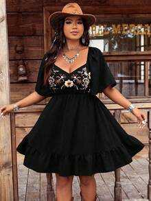Boho Style Embroidered Square Collar Ruffle Sleeve Women Short Dress - Black - View 4