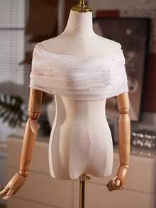 1 件新娘仿珍珠薄纱披肩，黑白短款露肩性感新款跨境伴娘臂套斗篷、派对和婚礼披肩 - 彩色 - 查看 3