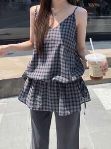 韩版V领复古格纹可调节肩带收腰中长双层吊带连衣裙 夏季优雅 - 藏蓝色 - 查看 4