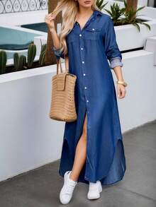 Women's New Button Front Loose Denim Shirt Dress, Denim Long Shirt With Pockets, Machine Washable, Comfortable Fit, Summer Outfits For Women - Màu xanh lam - Xem 1