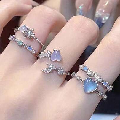 3 件时尚珠宝华丽轻盈 - 奢华百搭多层钻石镶嵌心形和花朵开口戒指，非常适合女性日常佩戴