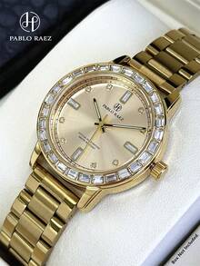 1 pièce Montre femme Pablo Raez, bijoux en or 18 carats, accessoire de plage en acier inoxydable, montre de luxe pour femme, montre de robe vintage, couleur or IPG, non décolorante, design original charmant, quartz, or à la mode, haute qualité, montre-bracelet populaire pour fille - Taille Unique - Voir 2