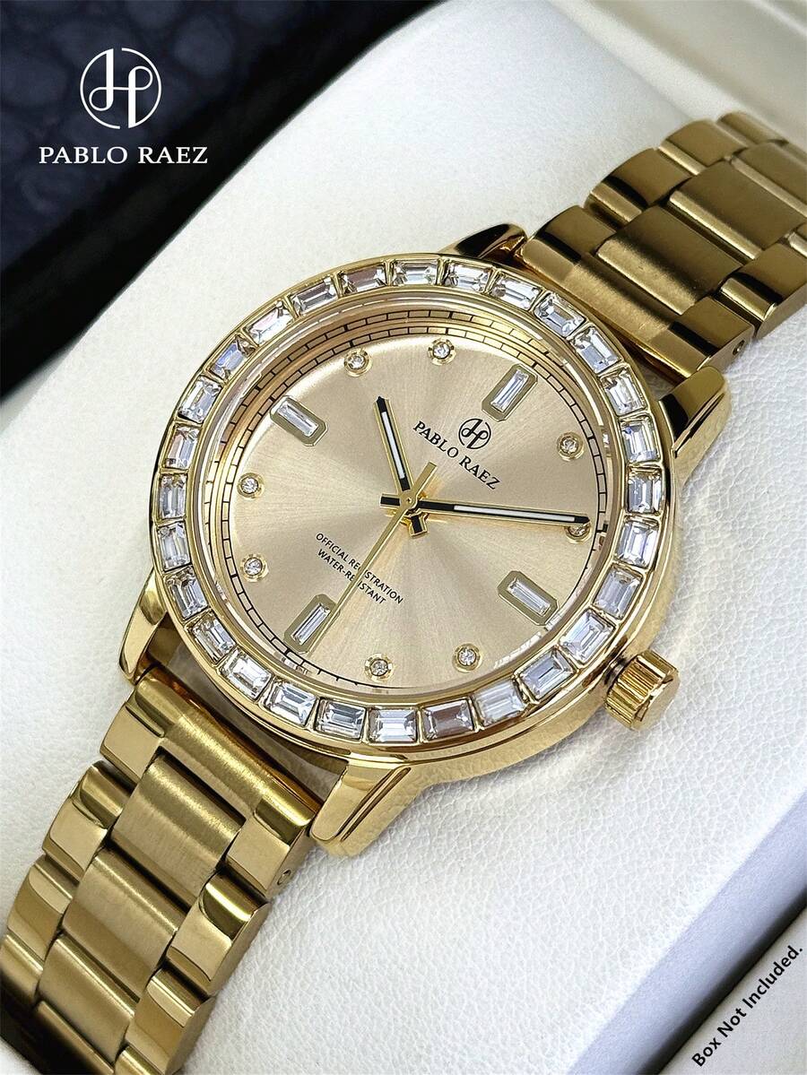 1 pièce Montre femme Pablo Raez, bijoux en or 18 carats, accessoire de plage en acier inoxydable, montre de luxe pour femme, montre de robe vintage, couleur or IPG, non décolorante, design original charmant, quartz, or à la mode, haute qualité, montre-bracelet populaire pour fille