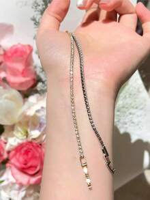 925 纯银 18K 白金镀奢华方晶锆石手链，婚礼和订婚必备 - 滿鑽 - 查看 5