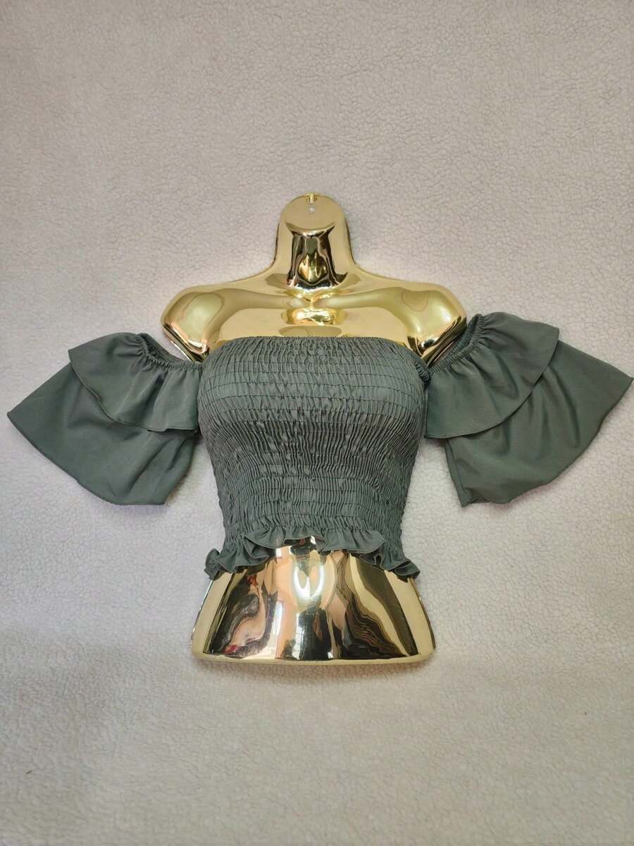Simple Ruffle Hem Pleated Gathered - Olive Green - View 1