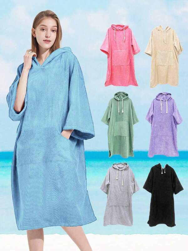 1pc Plain Hooded Cloak Robe, Minimalist Style Ultra-Fine Fiber Hooded Terry Bathrobe For Beach, Surfing, Swimming, Thick & Warm Adult Beach Poncho With Hood Drawstring