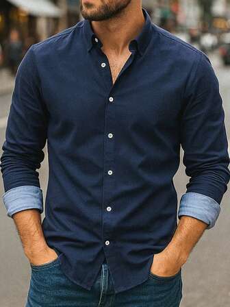 Vintage Basic Men's Button-Down Collar Long Sleeve Shirt With Dual Pockets