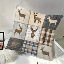 1 Stück/2 Stücke Hirsch Patchwork Kissenbezug im Landhausstil, umkehrbar in rustikalen neutralen Farben, verschiedene Größen erhältlich, Leinengemisch, Reißverschluss, maschinenwaschbar, gewebter Polyester, künstlerisch bedruckter Kissenbezug, geeignet für Wohndekoration