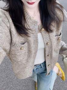 Women's Knitted Cardigan, Soft And Cozy Sweater, Elegant Vibe, Spring/Autumn - Apricot - View 3