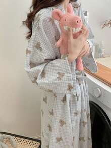 1pc Women's Robe, European & American Style Simple Long Sleeve Bathrobe, Sweet And Cute Bear Pattern, Thin Solid Color Sleepwear, Loungewear, Spring/Autumn - Baby Blue - View 7