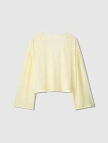 女士奶油黄色休闲宽松系带褶皱肩长袖上衣 - 黃色 - 查看 2