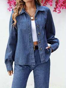 Women Denim Jacket, Long Sleeve Turn-Down Collar Button Closure Solid Fall Jacket Streetwear - Blue - View 1