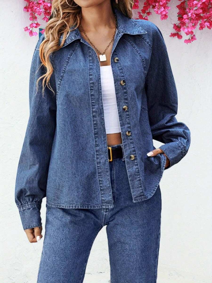 Women Denim Jacket, Long Sleeve Turn-Down Collar Button Closure Solid Fall Jacket Streetwear - Blue - View 1