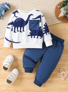 2pcs Baby/Baby Boy Casual Sports Cute Dinosaur Print Crew Neck Long Sleeve Top And Relaxed Pants Outfit, Suitable For Outdoor Wear, Autumn/Winter