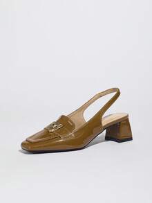 French Style Closed Toe New Elegant Solid Color Low Vamp Women's Chunky Heel Sandals - Khaki - View 5