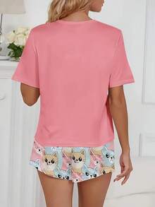 3-Piece Plus Size Cartoon Cat Round Neck Short Sleeve Pajama Set - Nhiều màu - Xem 9