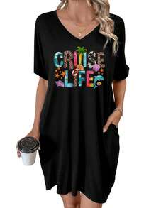 Cruise Life Tropical Adventure With Sea Creatures And Shells Summer Dresses For Women Casual Sundress Beach Pocket Loose Plus - 黑色 - 查看 1