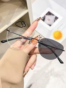No Frame New Intelligent Photosensitive Auto Color Changing Non-Prescription Glasses Super Light Tungsten Steel Material Korean Small Frame Glasses, No Makeup Look