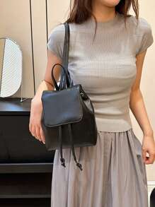 South Korea Large Capacity Pu Backpack Niche Simple Literary Style Bunches Drawstring Backpack Classic Holiday Travel Office Workers Suitable For Bags - Black - View 11