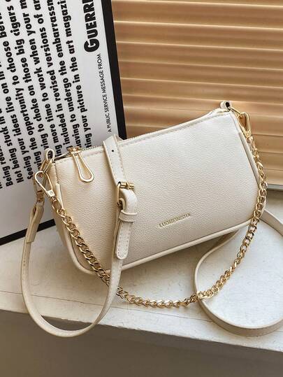 Nuevo bolso de baguette francés de moda clásica y versátil, de material de PU impermeable con diseño de estampado de letras y decoración de cadena metálica, cartera elegante de señora, bolso de hombro con cierre de cremallera, adecuado para compras, ir al trabajo y otras ocasiones