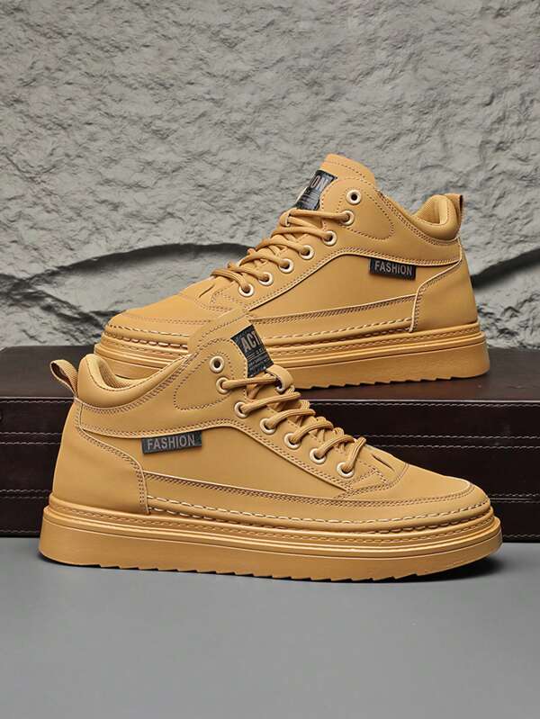 Men's New Winter Increased Height Shoes, British Style High-Top Work Boots, Casual Waterproof Leather Boots, Big Yellow Boots, Fashionable New All-Match Boots, Halloween Gift Valentine's Day Ideas