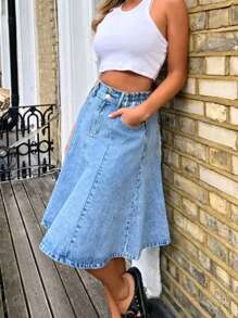 女士时尚棉混纺铅笔裙，纯色，带口袋，适合所有季节