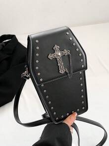 Y2K 甜美酷炫小众设计斜挎包，十字架和链条装饰，铆钉搞怪复古极具魅力的特殊造型手机包，哥特朋克个性单肩包，适合万圣节派对角色扮演装扮 - 黑色 - 查看 8