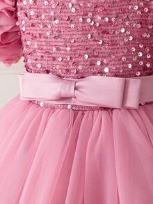 Girls' Floral Embroidery Princess Dress | Short Sleeve Party Gown With 3D Flower Sleeves & Tulle Skirt | Sparkly Waist Bow For Wedding, Graduation, Birthday (Ages 2-7) - Bụi hồng - Xem 5