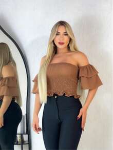 Simple Ruffle Hem Pleated Gathered - Mocha Brown - View 3