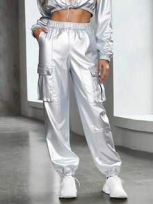 1  Liso    Casual  Fiesta  Elegante  Sexy  Dulce    Bolsillo  Cintura con volante  Cordón    Noche de fiesta  Vacaciones  Diario  Formal y de noche  Despedida de soltera  Trajes de aeropuerto  Concierto de música country  fiesta del té  viaje   Pantalones de carga casuales de unicolor, con diseño de múltiples bolsillos y cintura elástica, ideales para el transporte diario - Plateado - Ver 4
