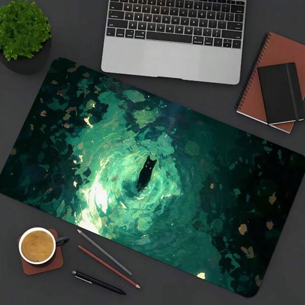 1pc Extra Large Extended Gaming Mouse Pad, Non-Slip Rubber Base, Washable Desk Pad, Precise Stitched Edges, Rectangular Shape, Black Cat In Pond Design, Ideal Gift For Gamers,For School Supplies,Back To School