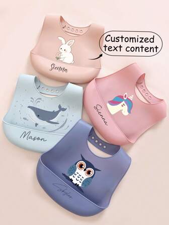 1pc Silicone Bib, Customized Baby Bib, Customized Baby Name, Available Options: Super Whale, Big White Rabbit, Teddy Bear, Rose Unicorn, Owl Patterns, Soft, Anti-Dirty, Anti-Leakage, Adjustable, Unisex Baby Personalized Gift, All Seasons