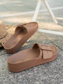 New European & American Style Strap EVA Thick Sole Slippers, Casual And Comfortable Outdoor Slide Sandals With Dual Buckles, Lightweight Anti-Slip Beach Shoes For Women - Chocolate Brown - View 6