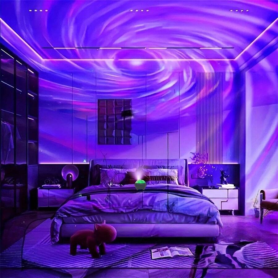 遥控 RGB 极光星空投影仪] LED 星空投影仪夜灯带遥控和语音控制 RGB 极光和北极光效果，多色桌面装饰照明，适用于卧室、客厅，带不可充电纽扣电池