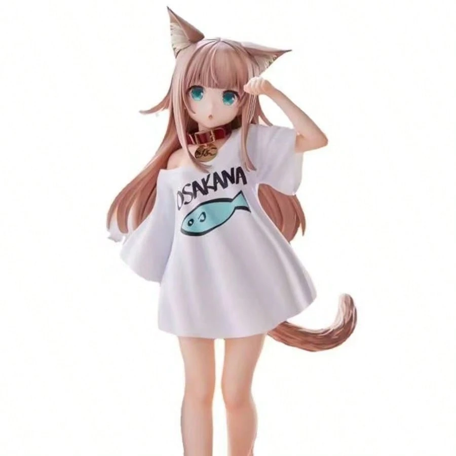 Resin figure of an anime-style cat girl, 18 cm tall, wearing a white dress with a fish design and holding a shark plush toy.