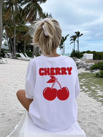 1pc Casual Cherry Print Round Neck Short Sleeve T-Shirt, Suitable For Summer Students And Children - Delicious Cherry Provides A Unique T-Shirt For Cherry Fruit Lovers, Making You Stand Out In Summer. This T-Shirt Is Also Suitable For Teenage Girls To Wear, An Ideal Choice For Girls In Summer.