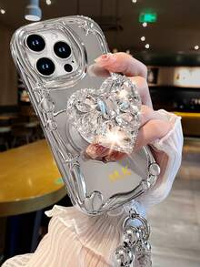 1 套 3 件（手机壳 + 支架 + 挂绳）个性化字母定制手机壳，一套水钻闪亮心形支架适用于 电镀银色新款手链手机绳手机壳套装，定制字母名称，复古纯色情侣手机壳 - 銀色 - 查看 7