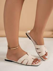 Sandalias planas para jóvenes, sandalias planas ligeras y antideslizantes de PU con punta cuadrada para niñas, moda popular europea y americana para vacaciones en la playa, primavera/verano