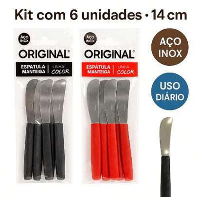 Kit 6 Espátulas Inox 14cm Para Manteiga, Patê, Cremes, Geleia – Cabo Plástico Preto e Vermelho