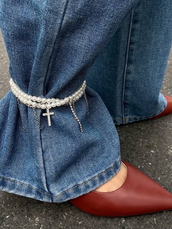 1 peça pingente de cruz com contas de pérolas e strass da moda, corrente jeans pendurada, adequada para uso em festas
