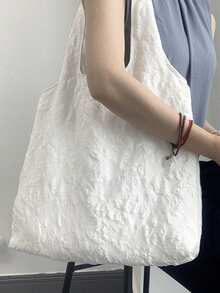 Stylish Floral Textured Tote Bag – Floral Tote Bag, Black Shoulder Bag, Large Capacity Bag, Women's Work Bag, Commuter Bag, Fabric Tote, Textured Handbag, Reusable Shopping Bag, Elegant Daily Bag, Minimalist Tote, Chic Canvas Bag, Teacher Gift Bag, Teen Girl Bag, Stylish Carryall, Office Bag Large Capacity Shoulder Bag For Work, School, Or Daily Use - Black - View 4